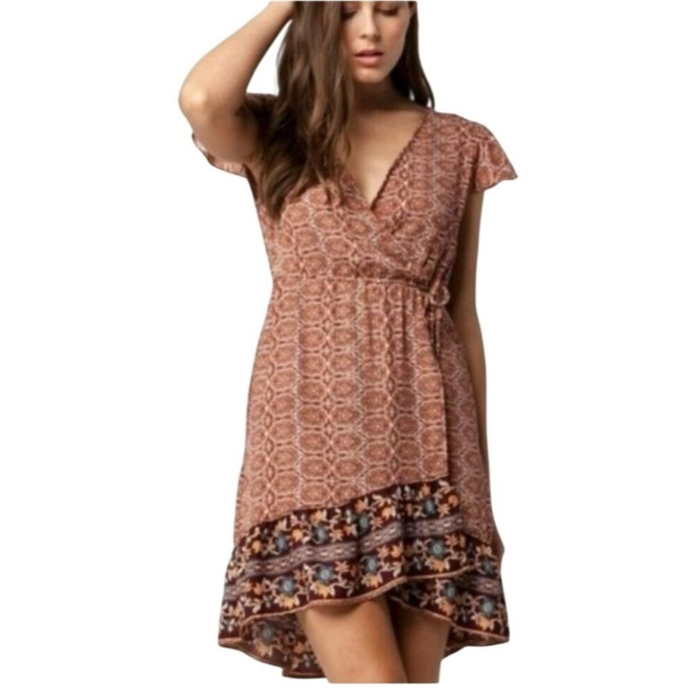 Band Of Gypsies Faux Wrap Dress B-O-G Collective Paisley Ruffle Hem‎ L  Boho